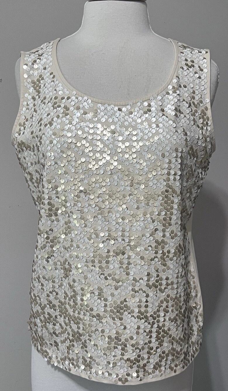 Jones New York Collection Sequin Top Gold Ivory Sleeveless Size Large Party Tank